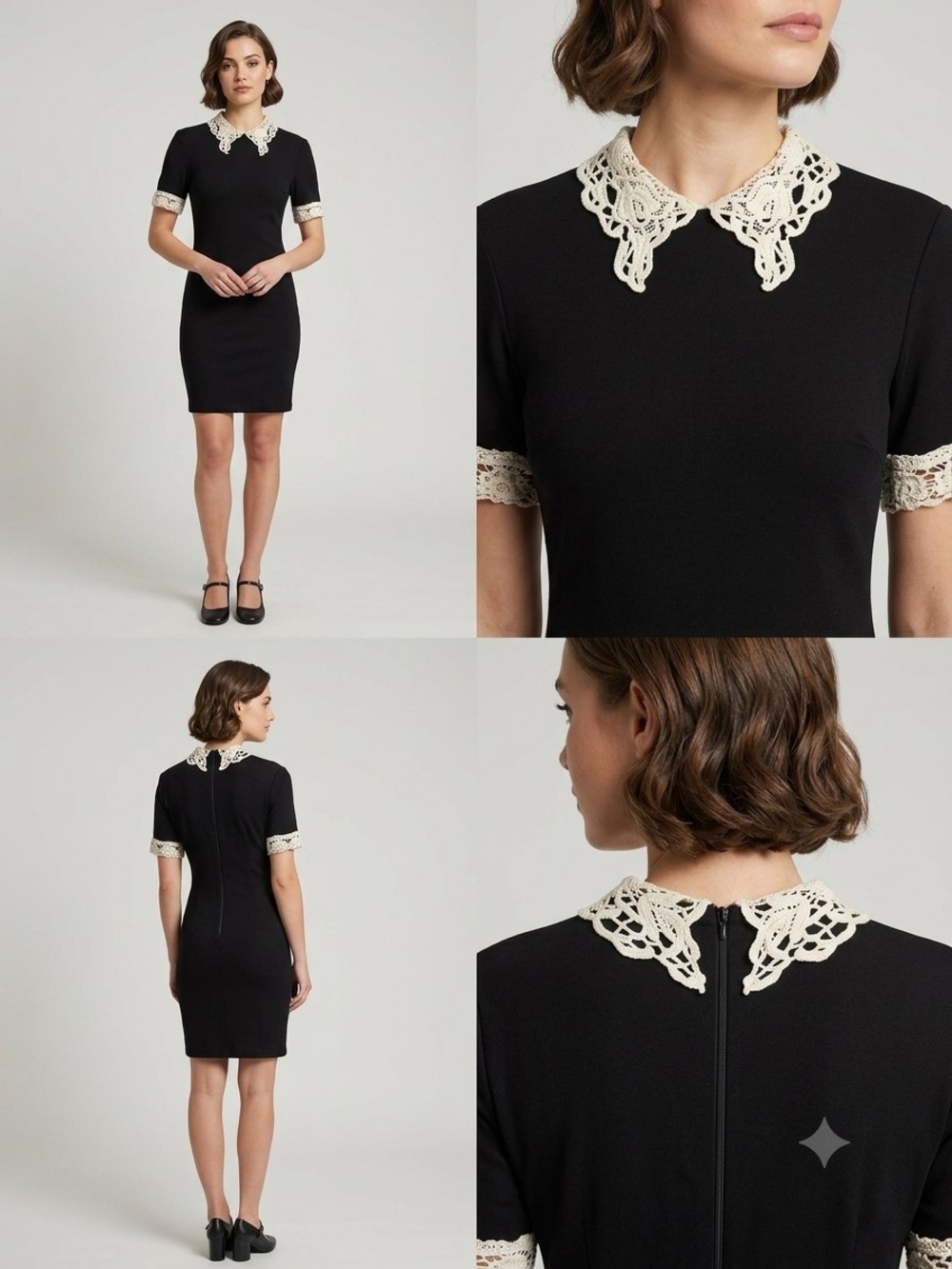 Black Mini Dress with Ivory Crochet Collar and Cuff Details